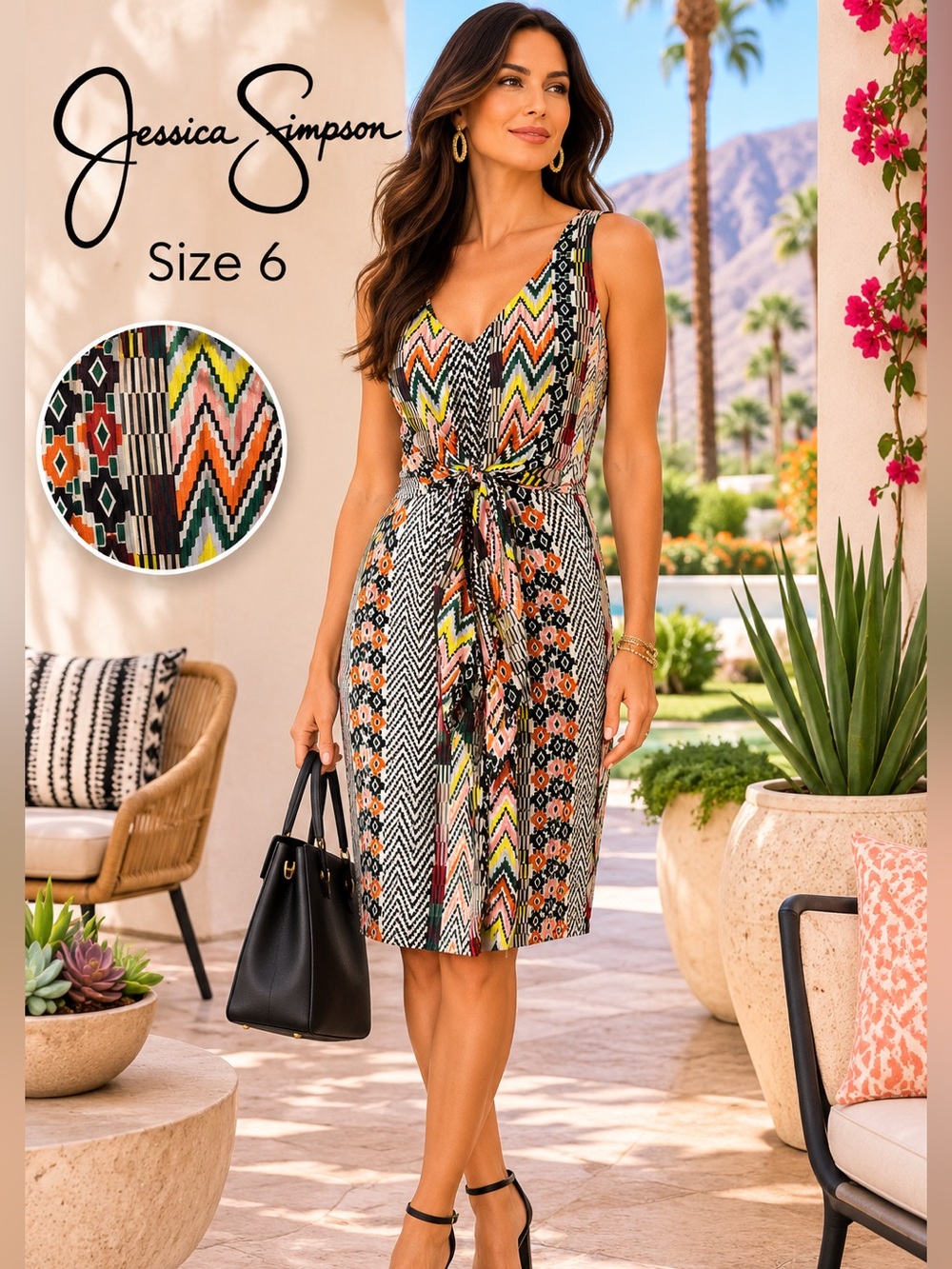 Jessica Simpson Size 6 Geometric Print Tie Front Sleeveless Dress NWT